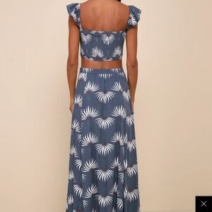 Lulu’s Trancoso Dusty Blue Floral Print Two-Piece Maxi Dress L